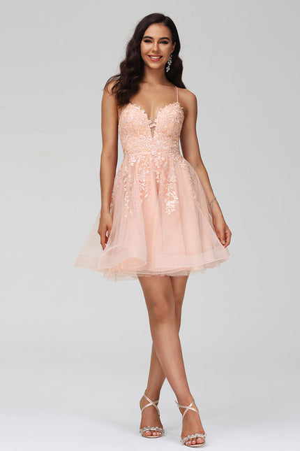Robe Pastel Saumon Col V Tulle Fleurs - gallery 4