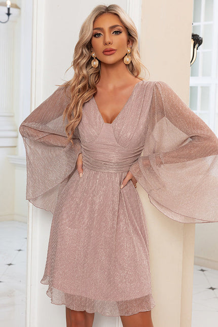 Robe Pastel Rose Paillettes Col V - gallery 1