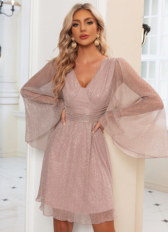 Robe Pastel Rose Paillettes Col V - gallery 1