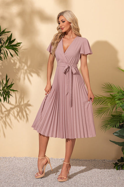 Robe Pastel Rose Col V Midi Trapèze - gallery 3