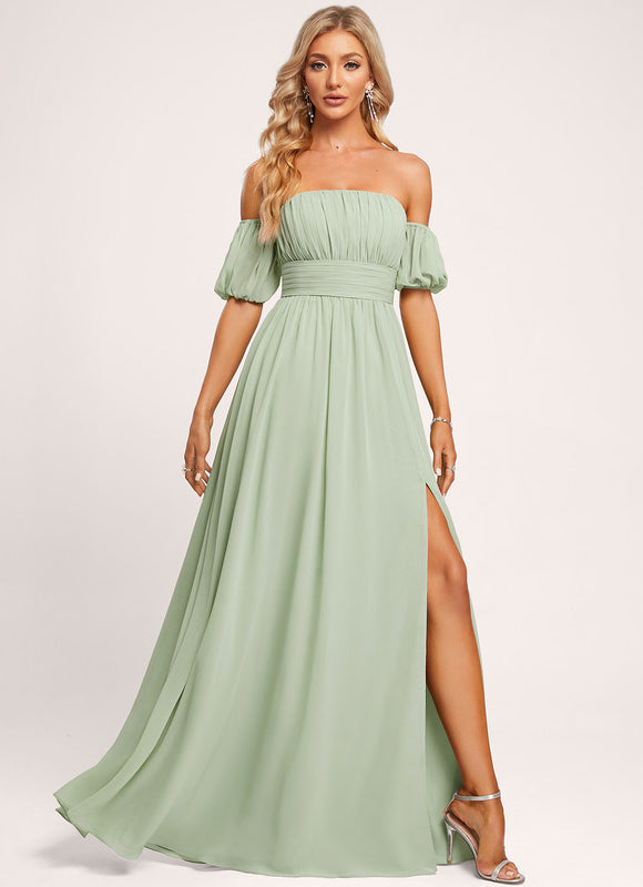 Robe Pastel Verte Épaules Dénudées Longue
