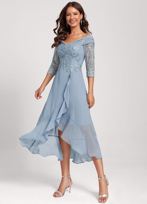 Robe Pastel Bleu Asymétrique Dentelle Élégante - gallery 3