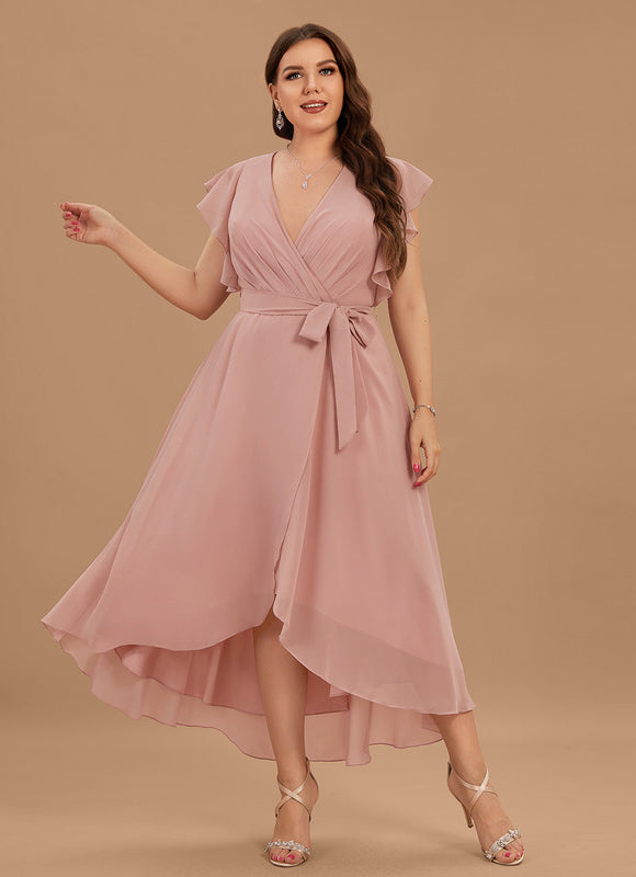 Robe Pastel Bleu Asymétrique Col V Volants - gallery 4