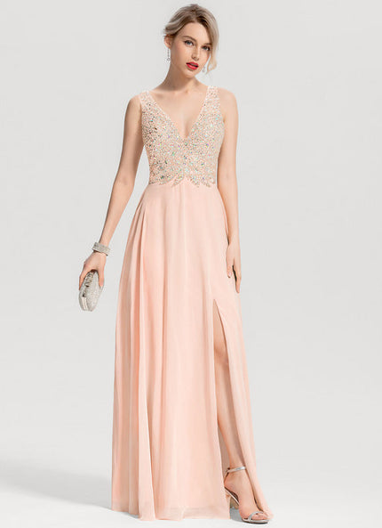 Robe Pastel Rose Col V Paillettes Élégante