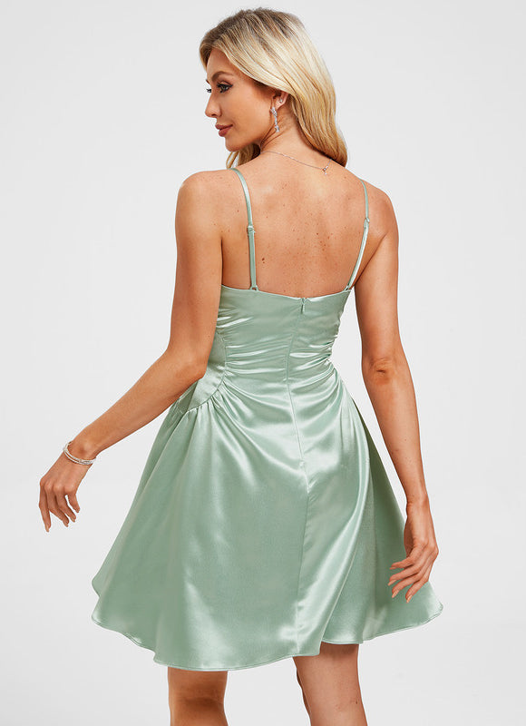 Robe Pastel Satin Vert Menthe Plissée - gallery 6