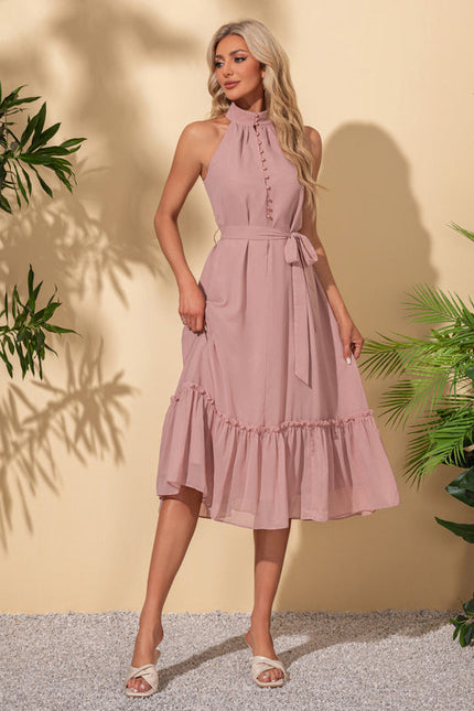 Robe Pastel Rose Mousseline Midi Volants - gallery 2