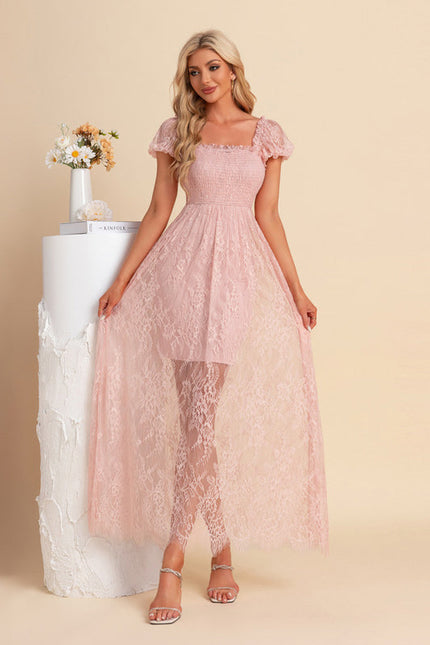 Robe Pastel Rose Dentelle Maxi Élégante