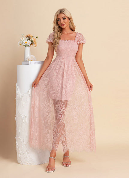 Robe Pastel Rose Dentelle Maxi Élégante