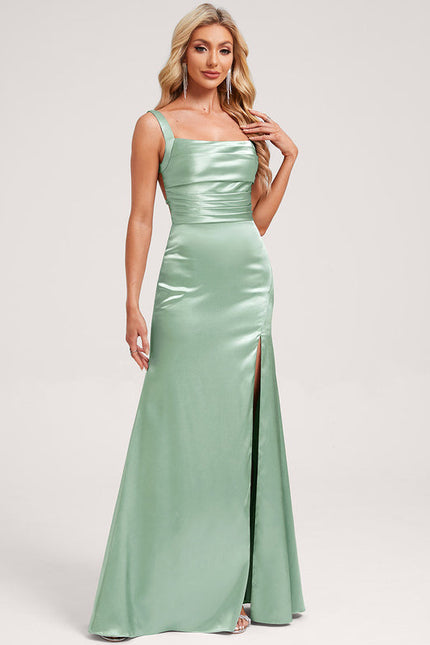 Robe Pastel Vert Satin Longueur Ras Du Sol - gallery 2