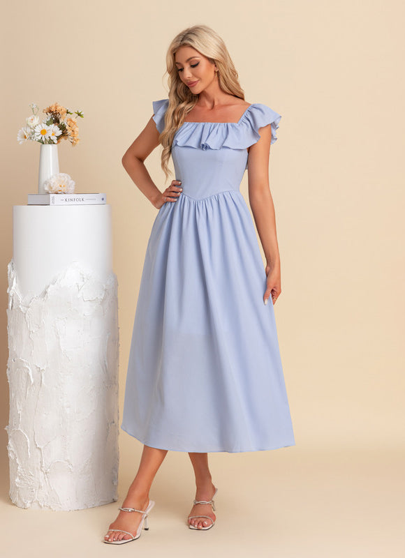 Robe Pastel Bleu Col Carré Midi - gallery 7