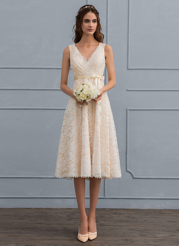 Robe Pastel Écru Dentelle Col V Trapèze - gallery 2