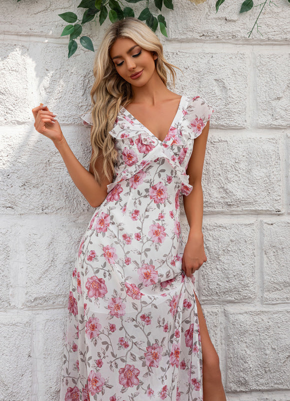 Robe Pastel Fleurs Rose Col V Maxi - gallery 6
