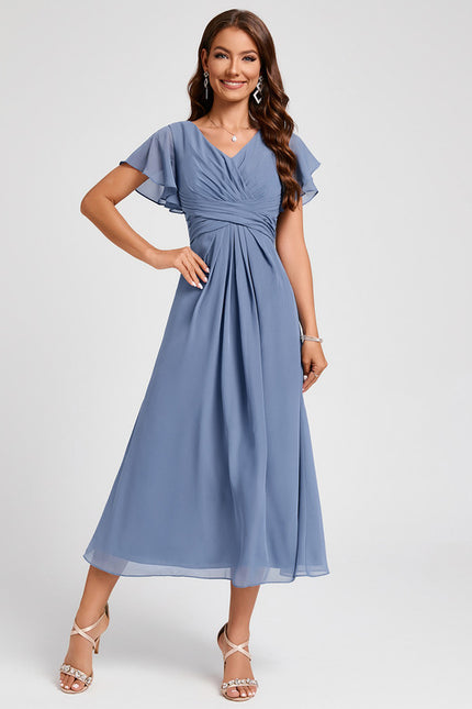 Robe Pastel Bleu Col V Longueur Mollet - gallery 5