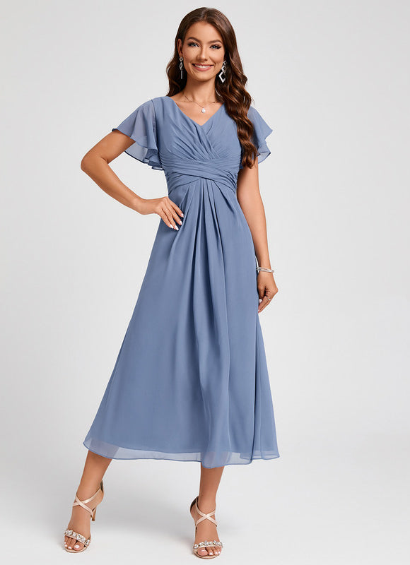 Robe Pastel Bleu Col V Longueur Mollet - gallery 5