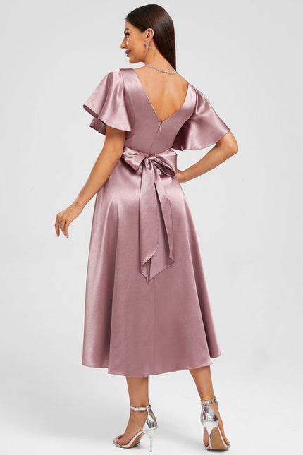 Robe Pastel Rose Satinée À Volants - gallery 5