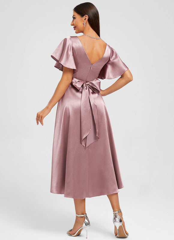 Robe Pastel Rose Satinée À Volants - gallery 5
