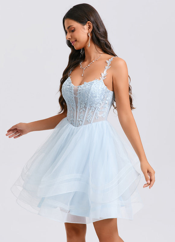 Robe Pastel Bleu Court En Tulle Paillettes - gallery 5