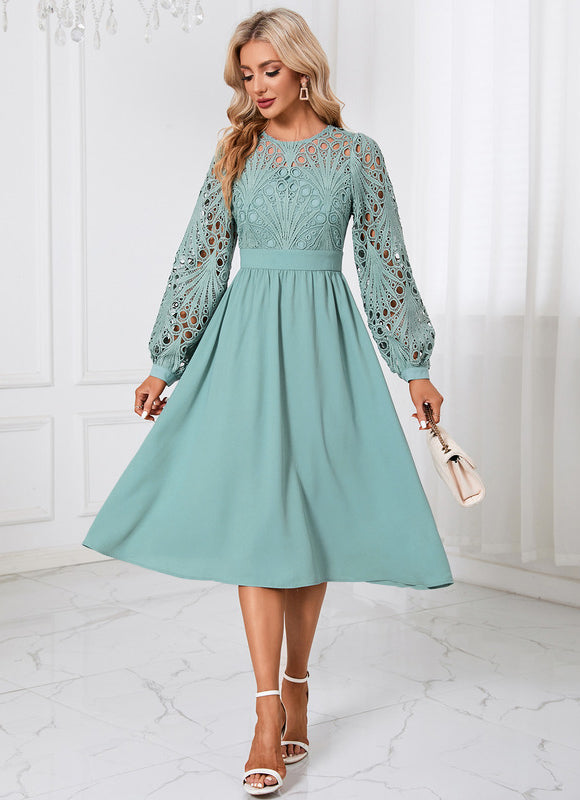Robe Pastel Verte Col Rond Dentelle Midi - gallery 6