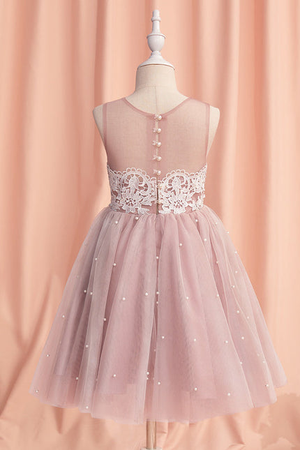 Robe Pastel Rose Trapèze Dentelle Mariage Fille - gallery 1