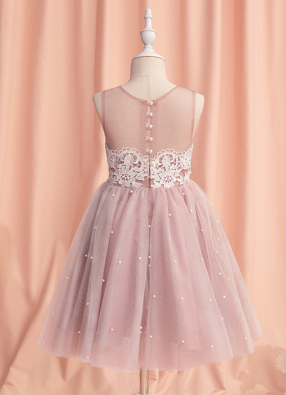 Robe Pastel Rose Trapèze Dentelle Mariage Fille - gallery 1