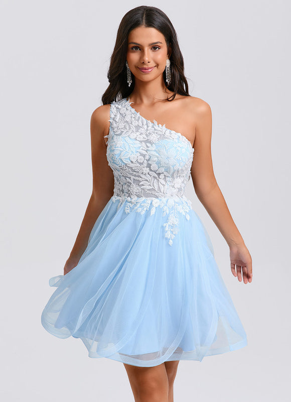 Robe Pastel Bleu Décolleté Asymétrique Tulle - gallery 2