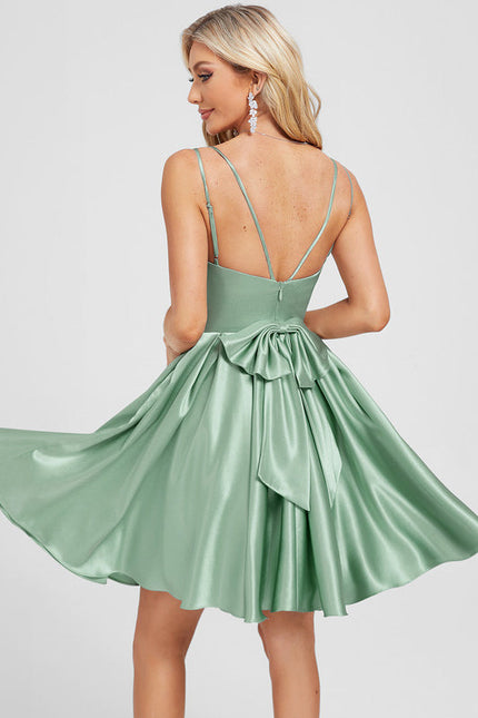 Robe Pastel Verte Satin Trapèze Avec Nœud - gallery 4