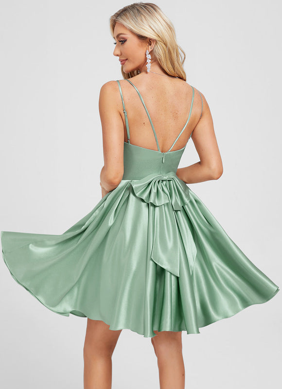 Robe Pastel Verte Satin Trapèze Avec Nœud - gallery 4