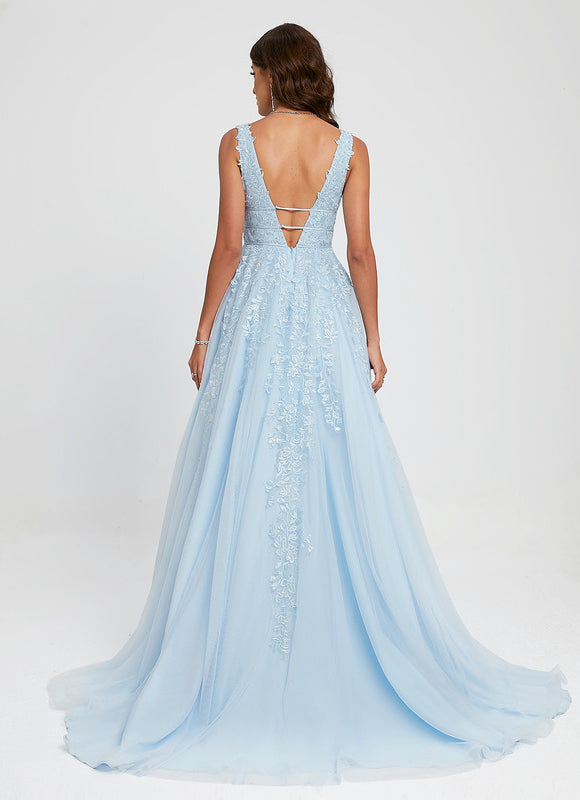 Robe Pastel Bleu Col V Traîne Dentelle - gallery 1