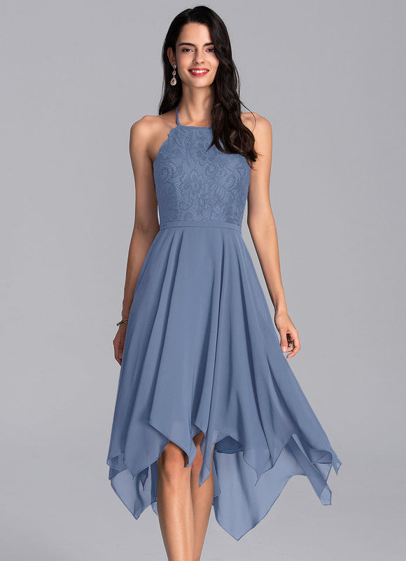 Robe Pastel Bleu Trapèze Asymétrique Dentelle - gallery 3