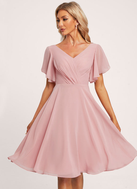 Robe Pastel Rose Trapèze Col V Genou - gallery 2