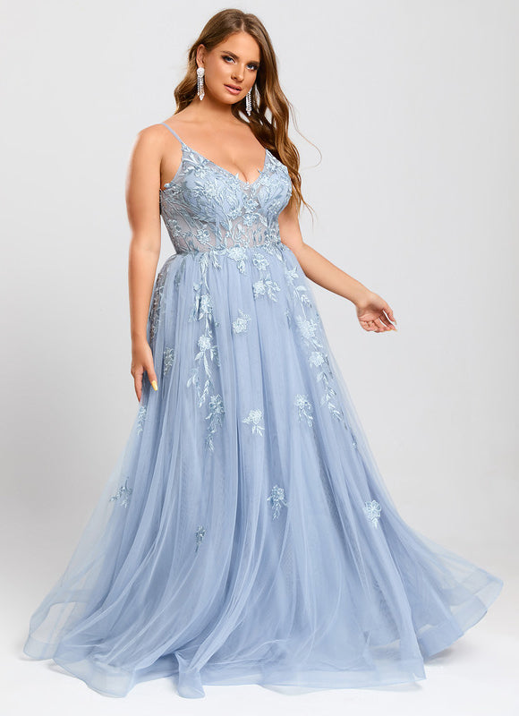 Robe Pastel Bleu Col V Tulle Longue - gallery 8