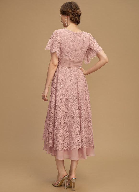 Robe Pastel Rose Col V Longueur Mollet - gallery 2