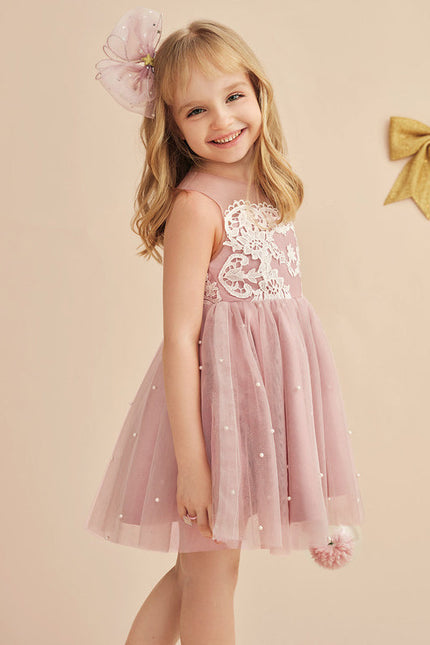 Robe Pastel Rose Trapèze Dentelle Mariage Fille - gallery 8