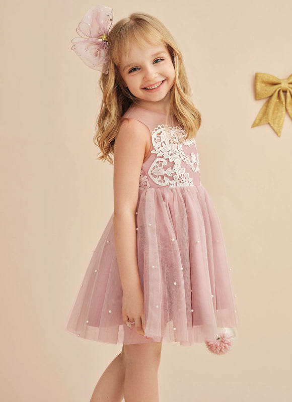 Robe Pastel Rose Trapèze Dentelle Mariage Fille - gallery 8
