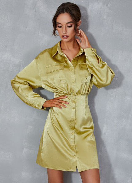 Robe Pastel Vert Citron Col Montant Satin