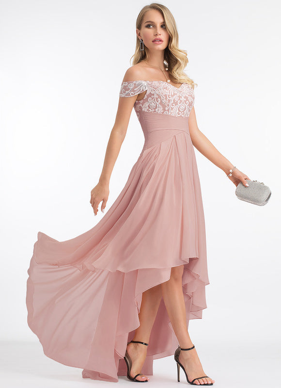 Robe Pastel Rose Asymétrique Dentelle Élégante - gallery 7