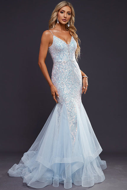 Robe Pastel Bleu Sirène Traîne Pailletée