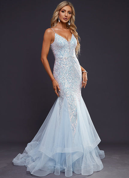 Robe Pastel Bleu Sirène Traîne Pailletée