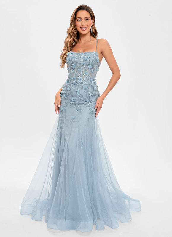 Robe Pastel Bleu Sirène Traîne Tulle