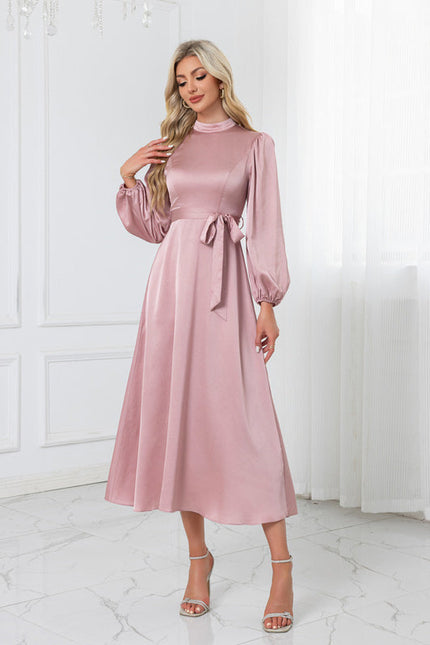 Robe Pastel Rose Satin Col Montant - gallery 4