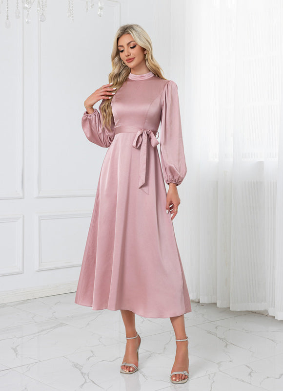 Robe Pastel Rose Satin Col Montant - gallery 4