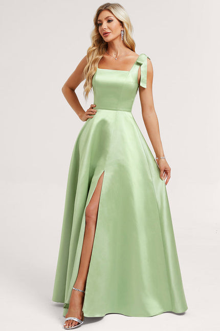 Robe Pastel Verte Col Carré Satin - gallery 2
