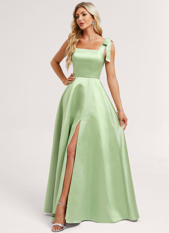 Robe Pastel Verte Col Carré Satin - gallery 2