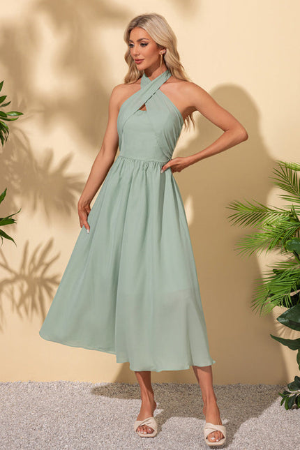 Robe Pastel Verte Trapèze Licou Midi - gallery 1