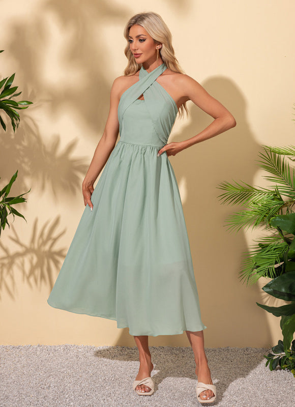 Robe Pastel Verte Trapèze Licou Midi - gallery 1