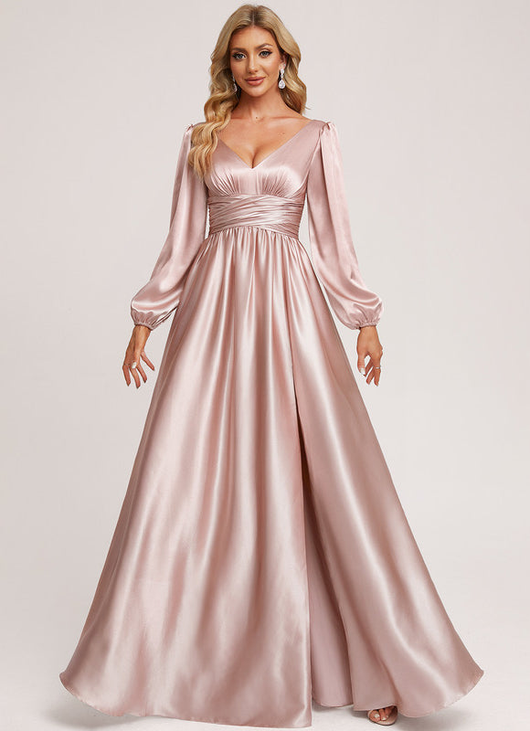 Robe Pastel Rose Satin Longueur Ras Du Sol - gallery 1