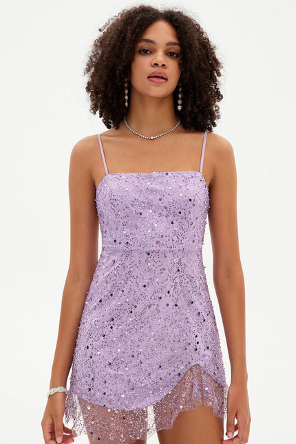 Robe Pastel Violet Mini Paillettes Élégante