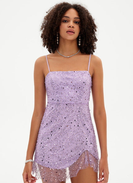 Robe Pastel Violet Mini Paillettes Élégante
