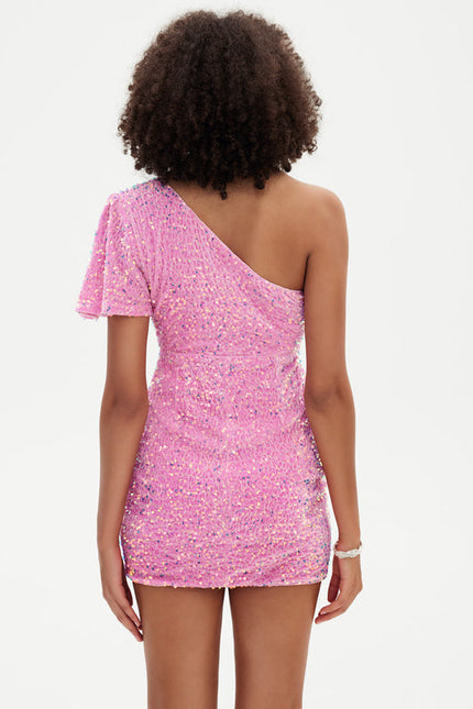 Robe Pastel Rose Paillettes Asymétrique Chic - gallery 3