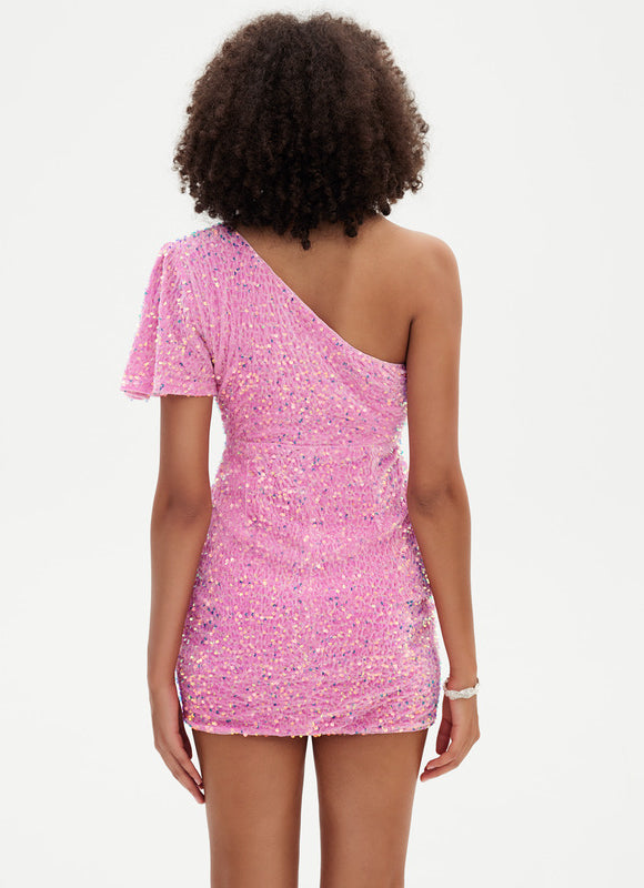 Robe Pastel Rose Paillettes Asymétrique Chic - gallery 3